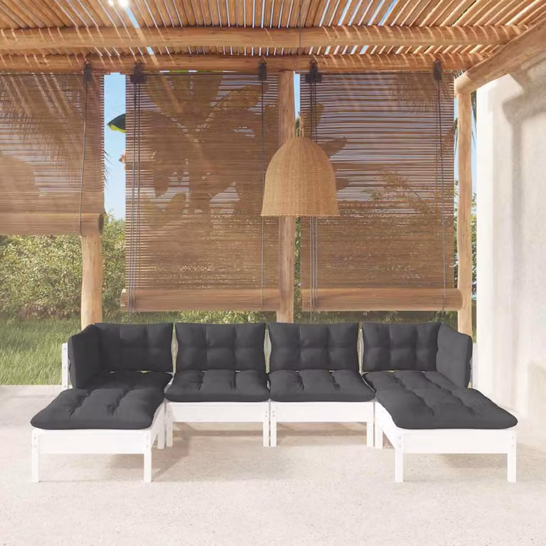 Set di divani da giardino vidaXL in legno di pino con cuscini bianchi, composizione a L con elementi angolari e pouf, 6 pezzi