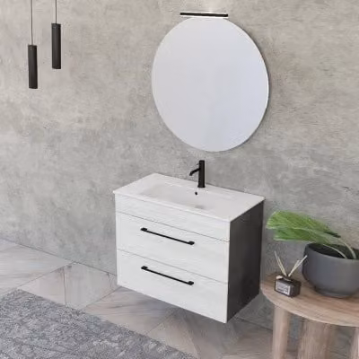 Mobile bagno sospeso Smart bianco e legno con specchio e illuminazione LED – 1