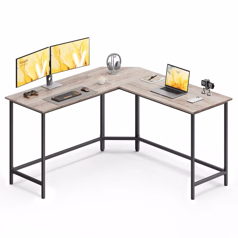 Scrivania a L da Gaming per Studio Ufficio Salvaspazio Facile da Montare, Greige + Nero / 149P x 149l cm