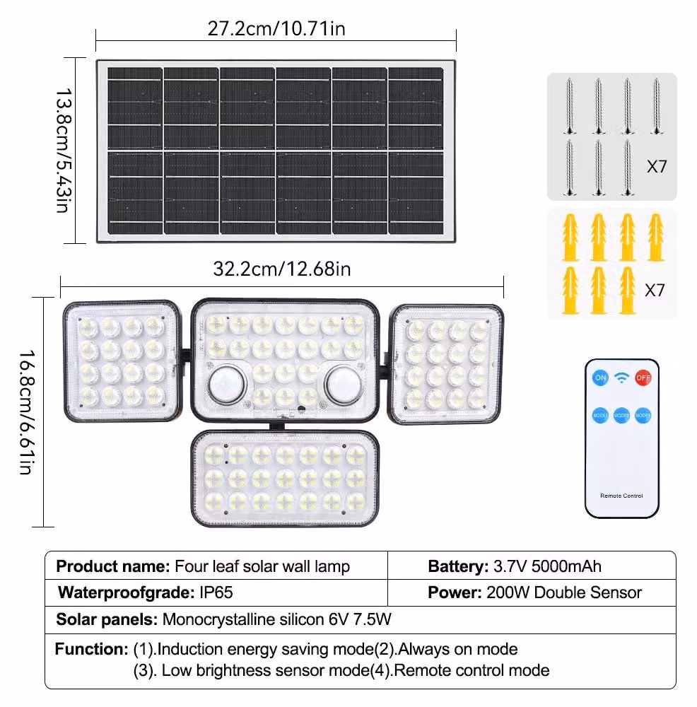 Lampada solare - Modello PIR A - Alimentata a energia solare - Sensore di movimento - Grado di protezione IP65 (resistente all'acqua) - Intensità regolabile - Pannello solare separato - Alluminio