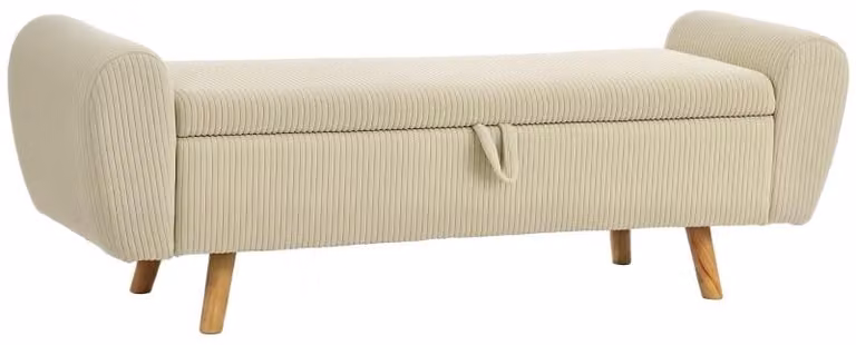 Panca Moonbite con 73 litri di spazio contenitivo, lunghezza 150 cm, rivestimento in corda da 320 GSM, seduta di 118 × 45 cm per 2 persone, gambe in legno di gomma, portata massima di 220 kg, colore beige