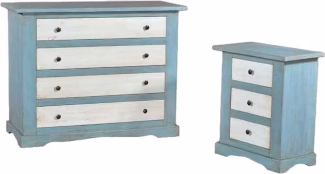Set da camera da letto Mobili 2G composto da cassettiera e 2 comodini in stile shabby chic laccato azzurro e bianco patinato