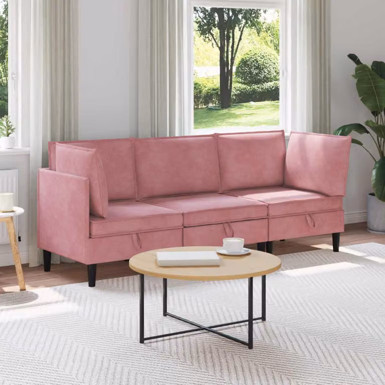 Set di mobili per il soggiorno vidaXL composto da 3 pezzi in velluto rosa con design moderno a L e sedute imbottite in schiuma