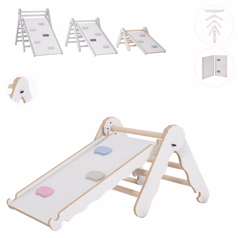 Struttura di arrampicata per interni MAMOI®, triangolo di arrampicata con scivolo in legno, torre di arrampicata con tavola di scivolo, scivolo per bambini ad arco di arrampicata, frusta arcobaleno