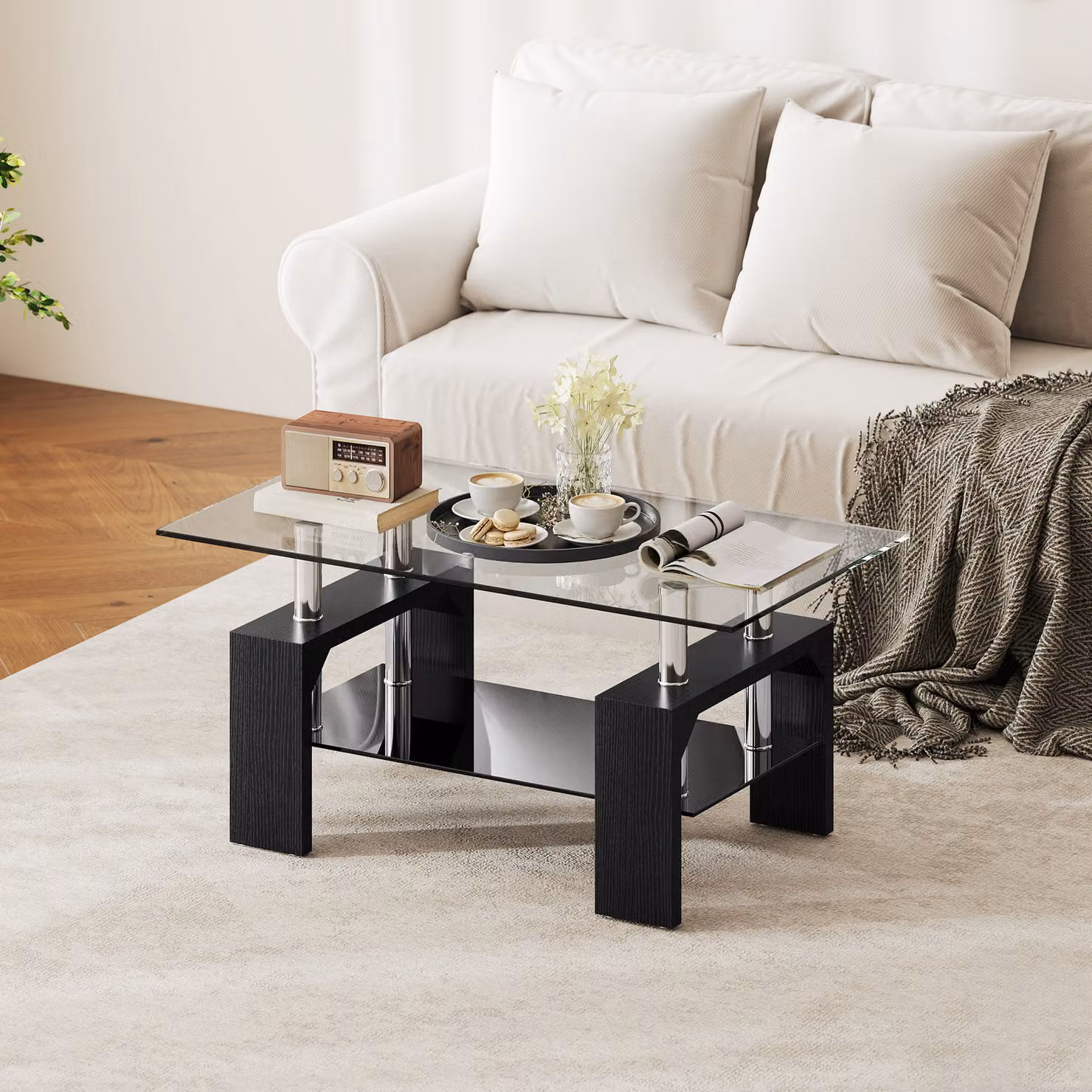 Tavolino da caffè moderno HOMCOM a 2 livelli con piano in vetro temperato trasparente e struttura in metallo nero, L: 90 cm, P: 50 cm, H: 42 cm – 2