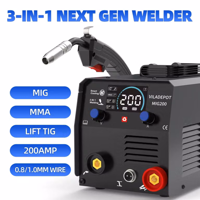 Saldatrice MIG 3-in-1 - MIG200 Inverter - MIG/MMA/TIG (con sollevamento dell'arco) - Funzionamento senza gas con filo animato - Semiautomatica, 15–200A - Spina EU, 220V