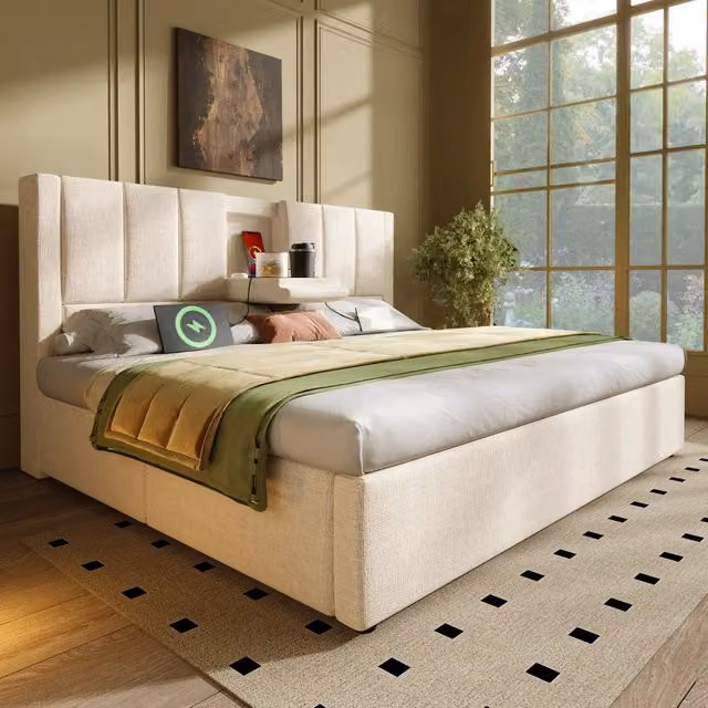 Letto contenitore Mivray con testiera imbottita e ricarica USB e Type-C, rete a doghe, colore beige, L/P/H: 140 x 190 x 115 cm