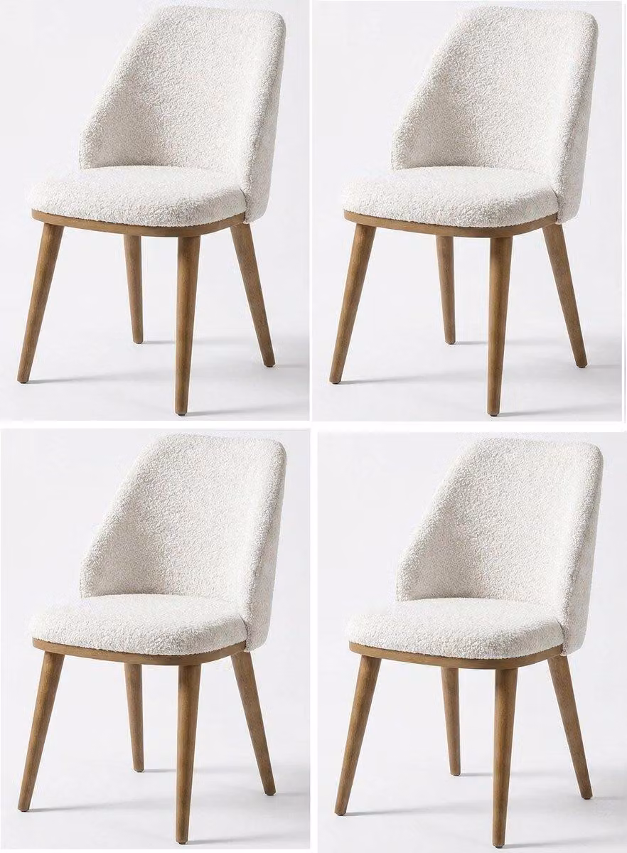 Set di 4 sedie moderne, colore bianco, rivestite in tessuto bouclé, ideali per la sala da pranzo