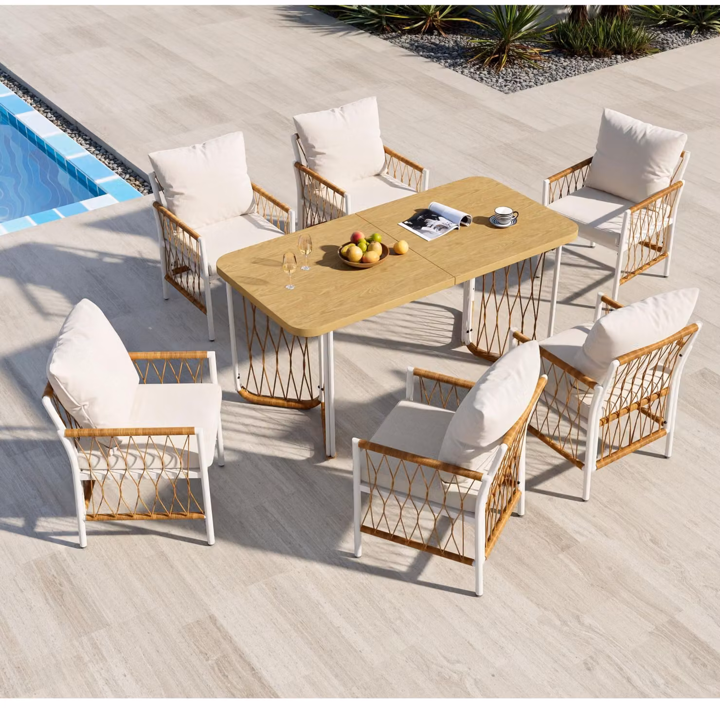 Set da giardino moderno GL Store composto da 7 pezzi con tavolo rettangolare e 6 sedie in polyrattan, struttura in metallo bianco opaco, colori beige e marrone – 2