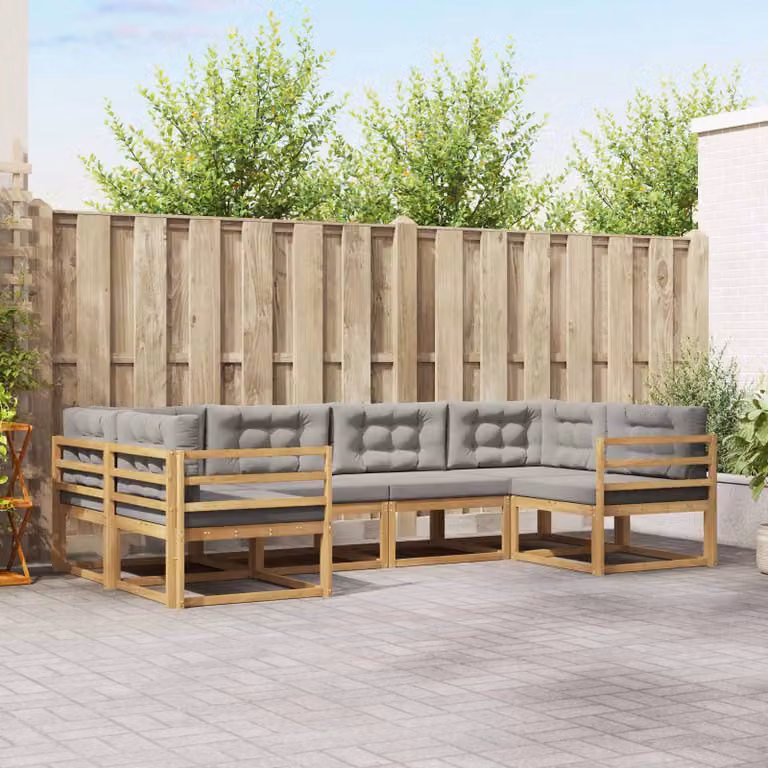 Set di divani da esterno vidaXL a forma di L in legno di acacia con cuscini, Bianco e Grigio