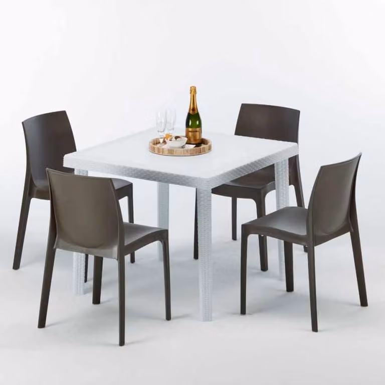 Tavolo quadrato bianco e 4 sedie in polipropilene colorato per esterni Grand Soleil Rome Love - Brown