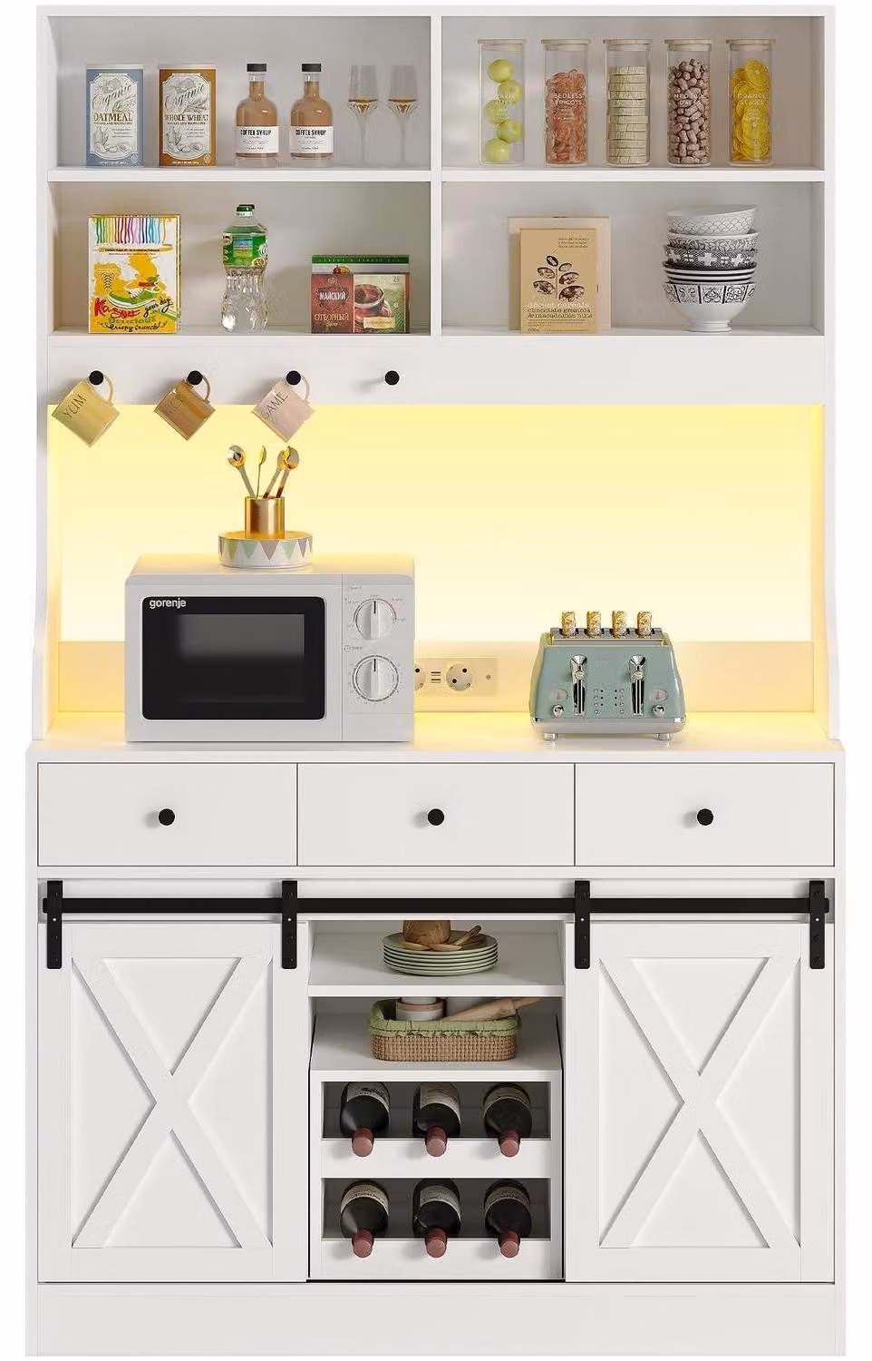 Mobiletto da cucina laterale con illuminazione a LED, presa di corrente, portabottiglie, 3 cassetti, colore bianco, dimensioni 103,5 x 40 x 180 cm