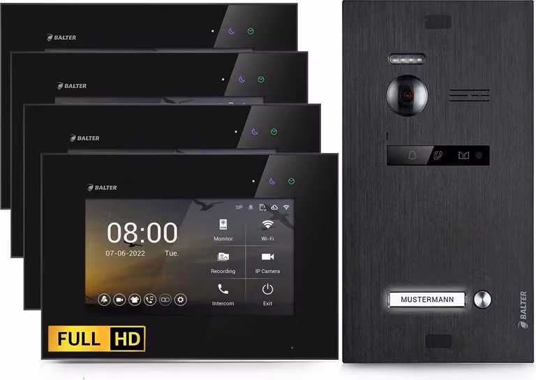 Videocitofono HD per casa quadrifamiliare, 4x monitor, Balter EVO HD nero