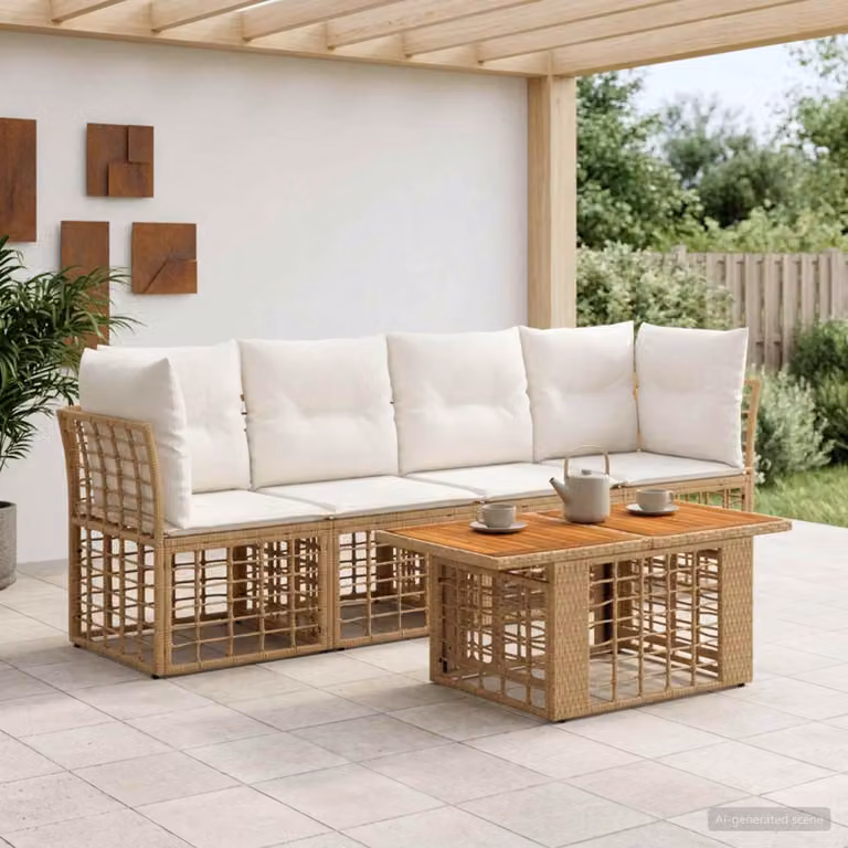 Set Divano da Giardino vidaXL 5 pz in Polyrattan con Cuscini, Colore Naturale e Bianco Crema