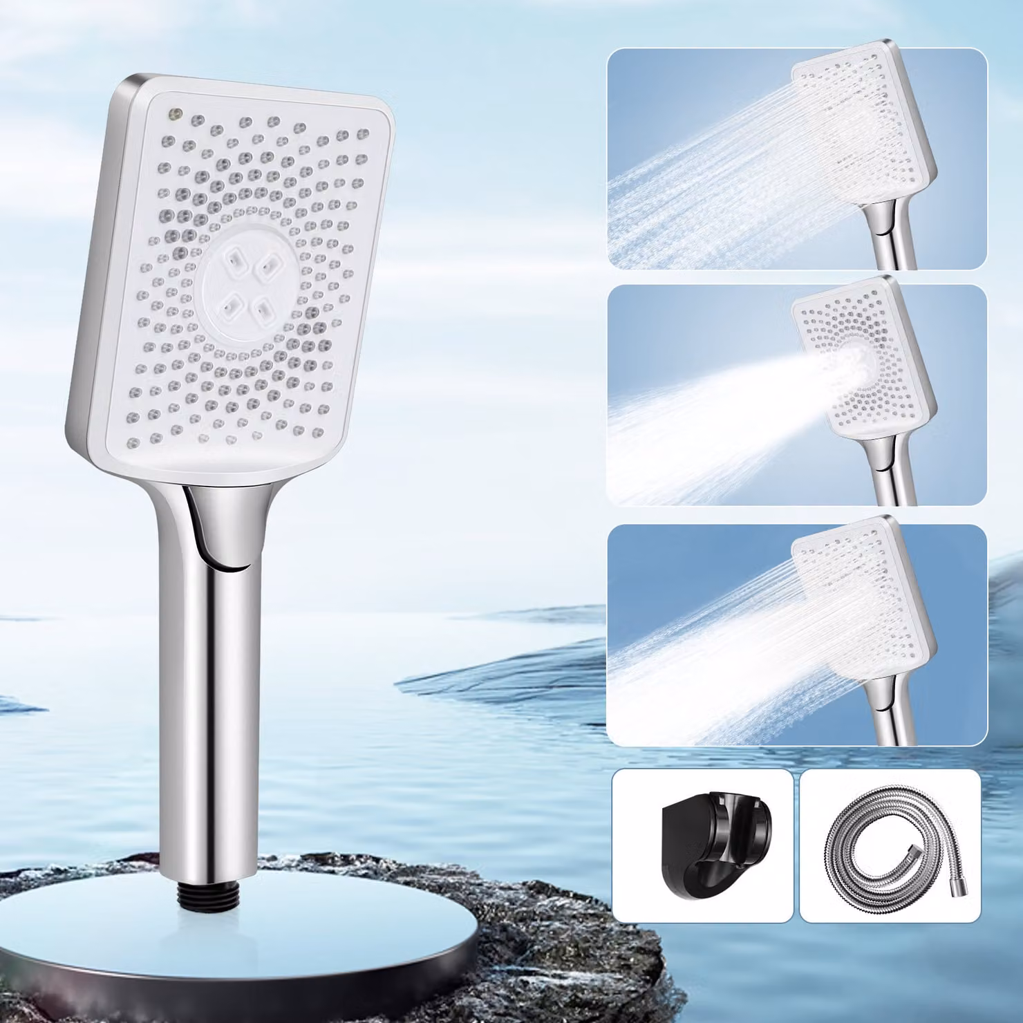 ZMH Soffione doccia rotondo in nichel Doccia a mano risparmio d'acqua con 3 getti doccia a mano grande pressione crescente, doccia ad alta efficienza energetica con 1,5 m tubo bagno