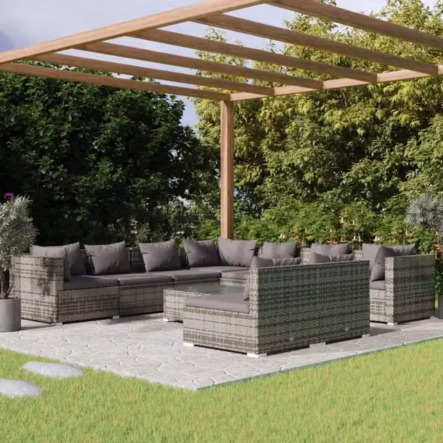 Set di Divani da Giardino a L con Tavolino vidaXL, 10 Pezzi in Polyrattan Grigio Antracite con Cuscini Inclusi – 1