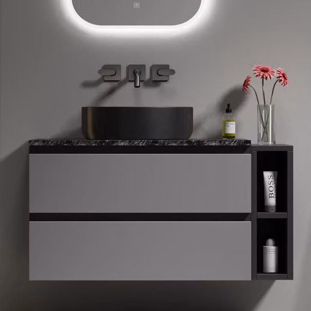 Mobile lavabo sospeso 80 cm con lavabo in ceramica e cassetti, design moderno, nero-grigio