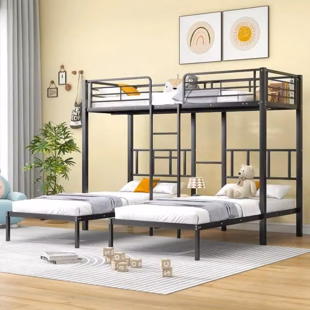 Letto a castello triplo funzione tavolo metallo nero 90x200 cm