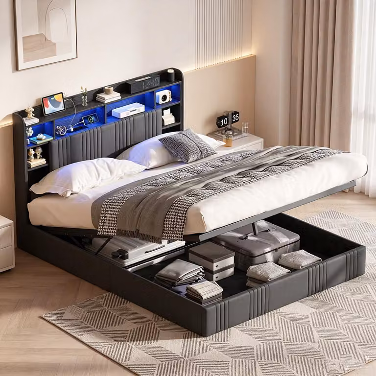 Letto matrimoniale con boxspring, imbottito, 140x200 cm, con LED e porte USB/C, letto idraulico con spazio contenitore, testiera, struttura moderna, tessuto in lino, colore grigio