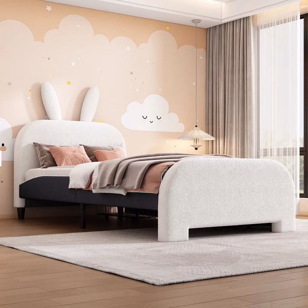 Letto singolo per bambini OKWISH imbottito in peluche e MDF con 2 cassetti, bianco, L/P/H: 200 x 90 x 110 cm – 2