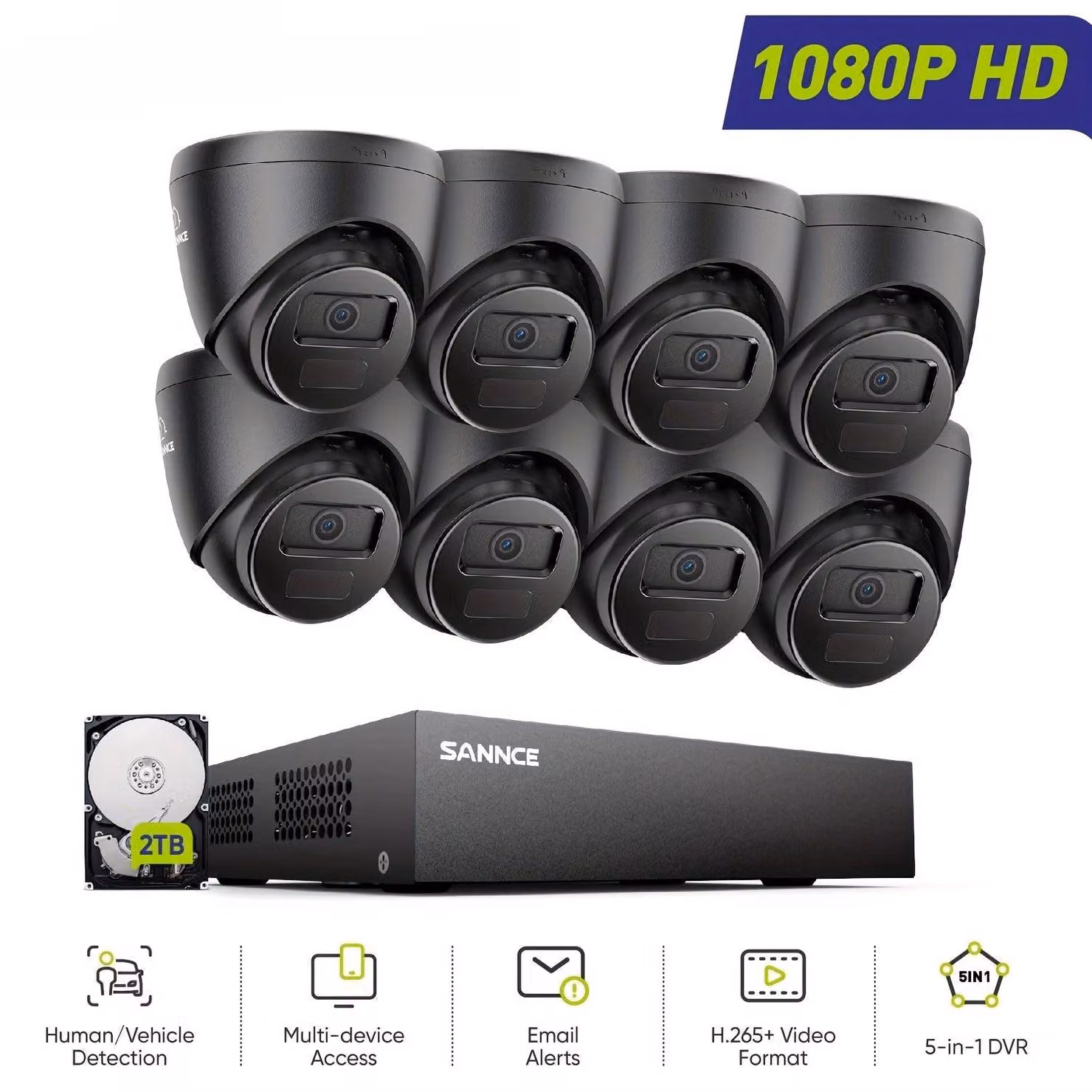 Sistema di sicurezza: sistema di telecamere con 8 telecamere Full HD, 2 TB di spazio di archiviazione e rilevamento di persone