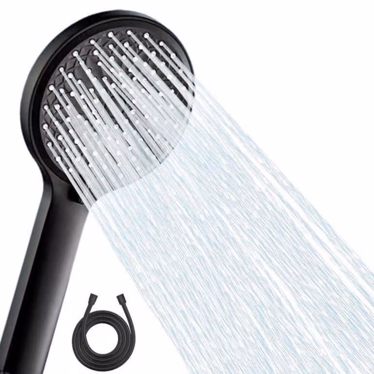 Doccia con tubo flessibile da 1,5 metri, soffione a pioggia da 120 mm, 5 getti, colore nero, materiale: ABS/acciaio inossidabile
