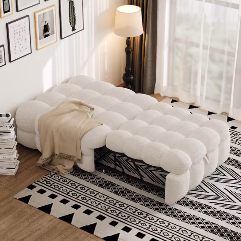 Fortuna Lai Letto imbottito, poggiapiedi 2 in 1, divano letto estraibile, letto singolo, letto imbottito, tessuto Teddy, beige