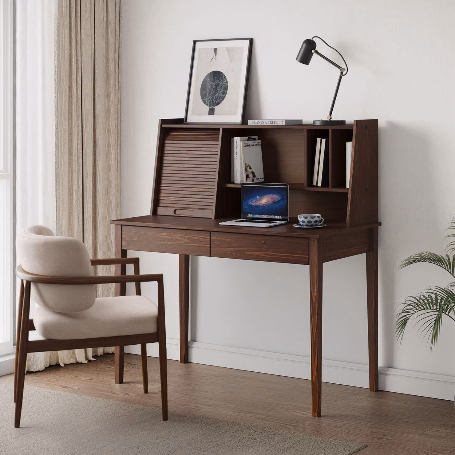 Scrivania ALISA con 2 cassetti e serranda in legno massello, finitura noce - Scrivania in legno di pino, scrivania in legno massello con spazio contenitivo, ideale per l'home office e lo studio