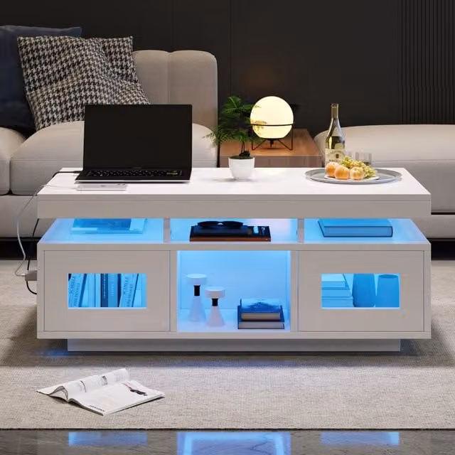 Tavolino da caffè MODFU bianco lucido con contenitore e design moderno L/P/H: 100 x 50 x 43 cm