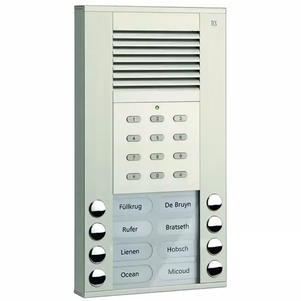 Pulsante di campanello per postazione esterna serie ASE 8 (allineato a destra/sinistra) con serratura a codice integrata, finitura argento AP TCS ASE51080-0010