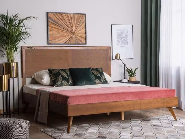 Letto Beliani in legno di frassino e gomma color marrone con rete a doghe arcuate L/P/H: 205 x 160 x 149 cm