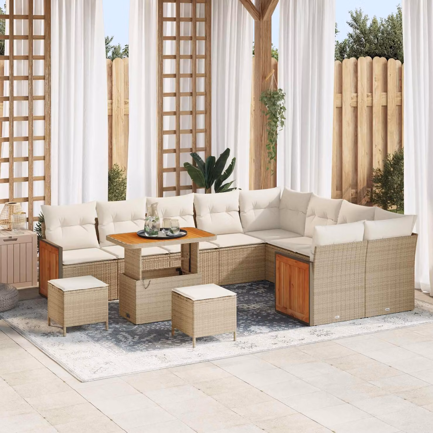 Set Divano da Giardino vidaXL 12 Posti a Forma di L con Tavolino e Ottoman, Colore Beige e Bianco – 1