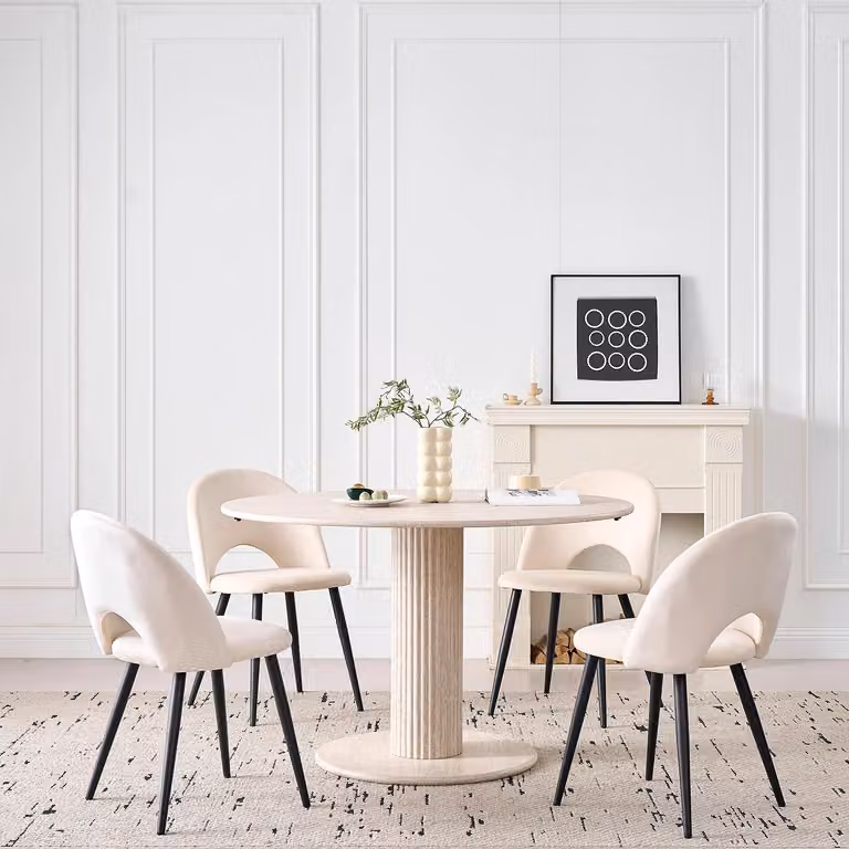 Set di 4 sedie da pranzo - Rivestimento in velluto "Dutch" - Gambe in metallo - Schienale aperto - Seduta imbottita - Colore beige