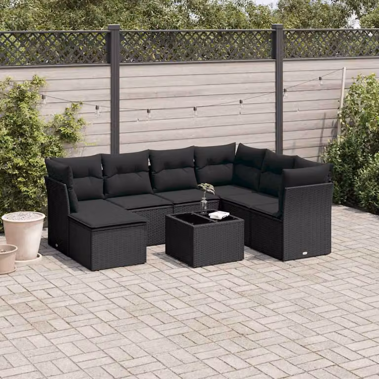 vidaXL Set Divani da Giardino in Polyrattan Nero con 8 Cuscini e Tavolino da Esterno