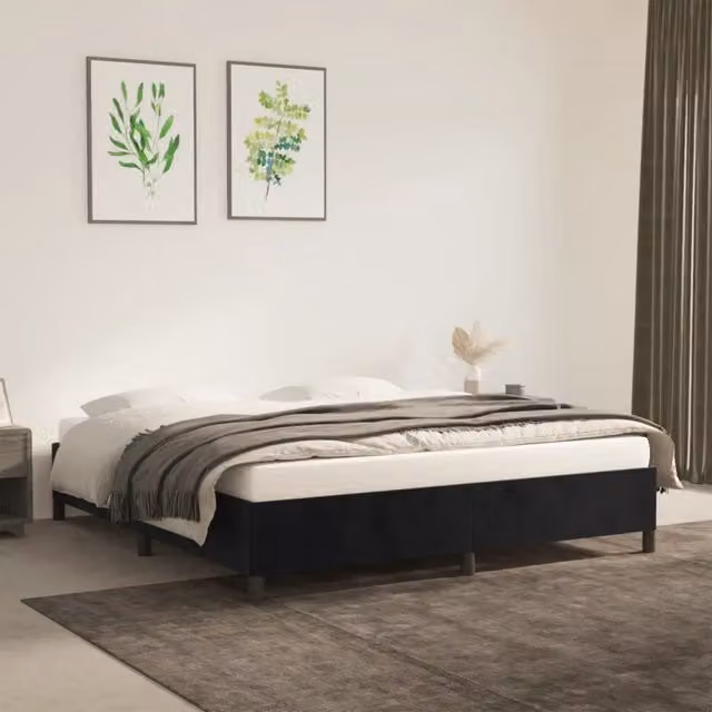 Struttura Letto Design Mania in Velluto Nero con Doghe in Legno L: 180 cm, P: 200 cm, H: 35 cm – 1