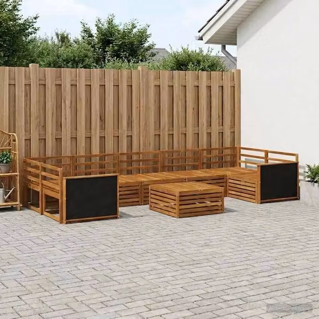 Set di divani da esterno a forma di U vidaXL in legno di acacia massello marrone con cuscini e tavolino da caffè incluso – 1