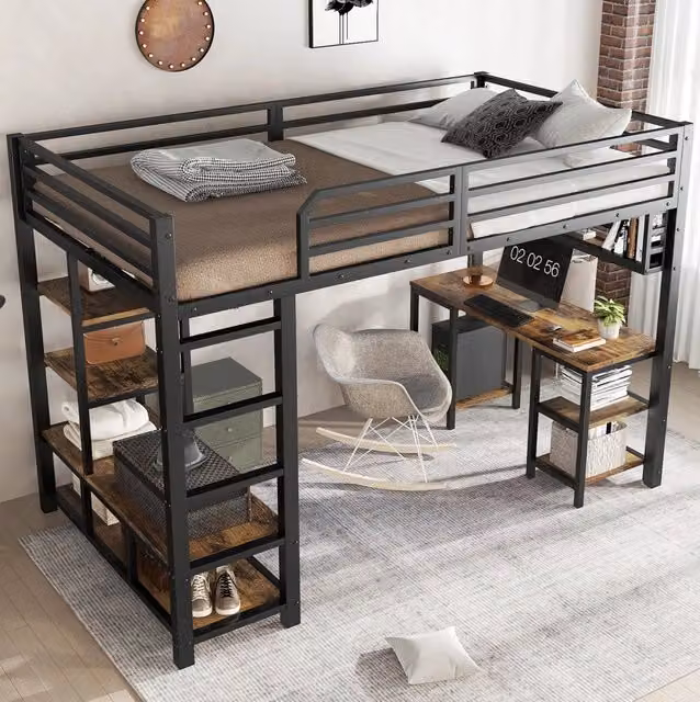 Letto a soppalco 120x200 cm nero e noce scuro, metallo e legno con scrivania