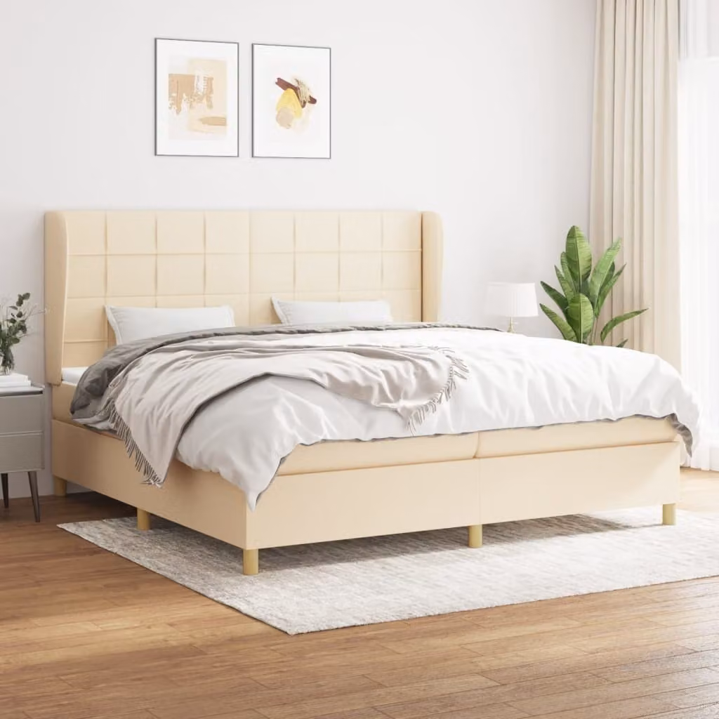 The Living Store Letto a molle con materasso crema 200x200 cm in tessuto