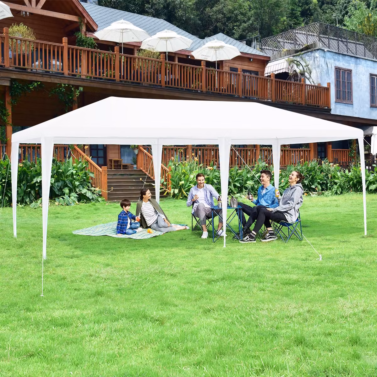 Gazebo Costway con 4 tende laterali rimovibili e 2 porte con cerniera, Pergola per barbecue Bianco L: 6 m, P: 3 m