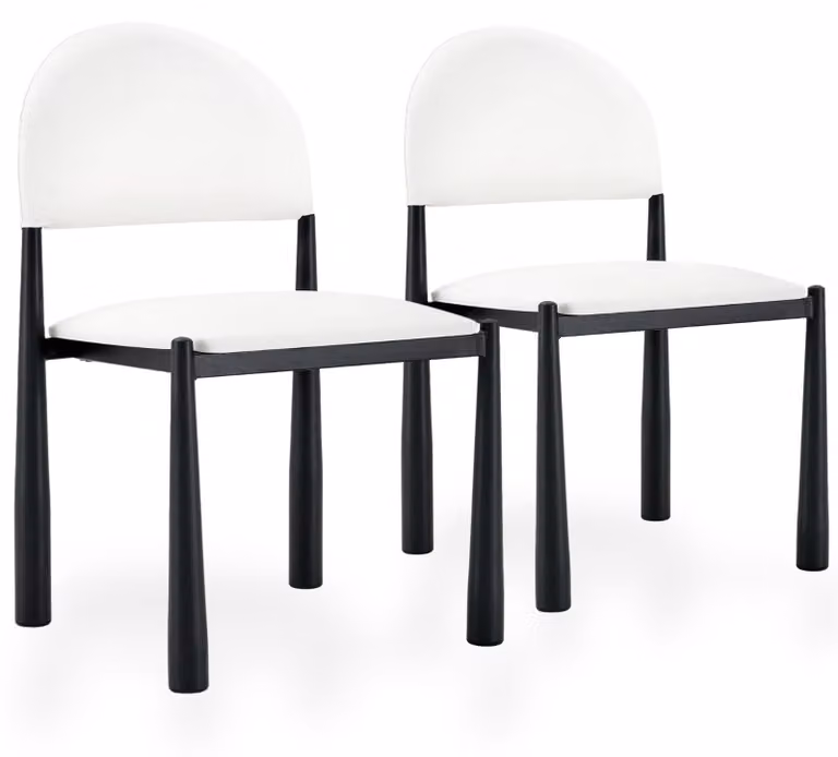 Set di 2 sedie da pranzo in ecopelle, con schienale imbottito a forma semicircolare e gambe in metallo, colore bianco/nero