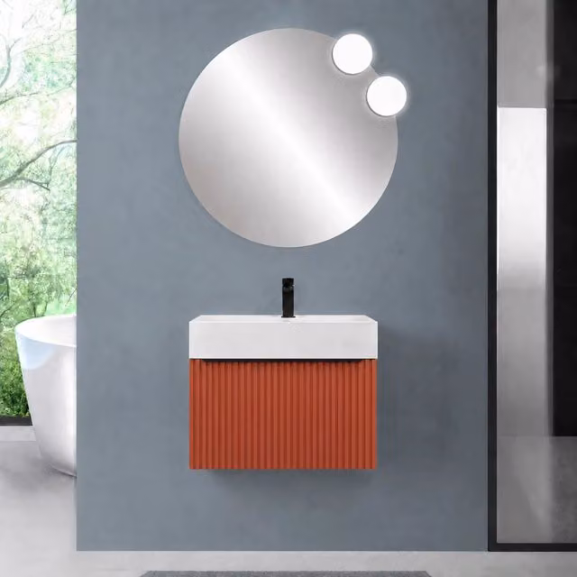 Mobile bagno sospeso 80 cm terracotta con un cassetto e lavabo alto in resina Nara