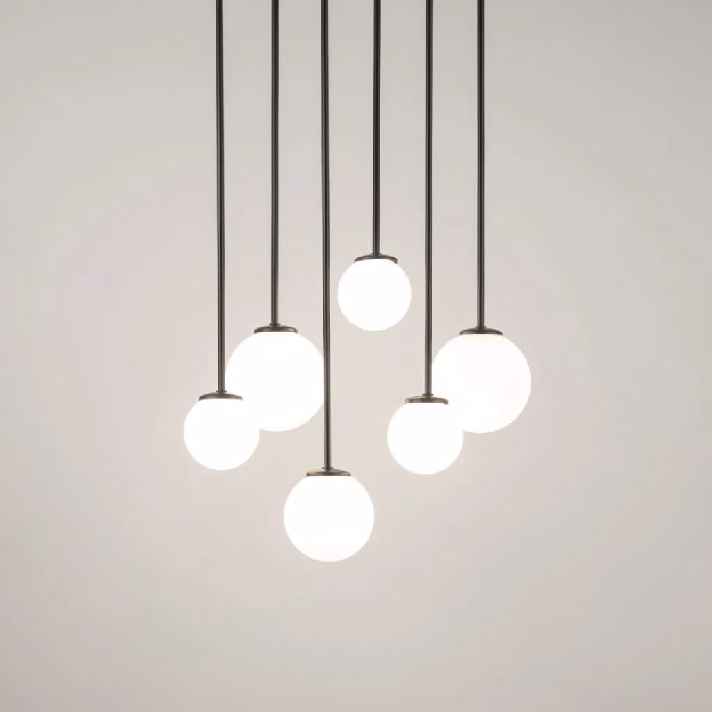 Lampadario a sospensione moderno Sigma Lighting Tulia con 6 sfere in vetro bianco e struttura nera, attacco G9 – 2