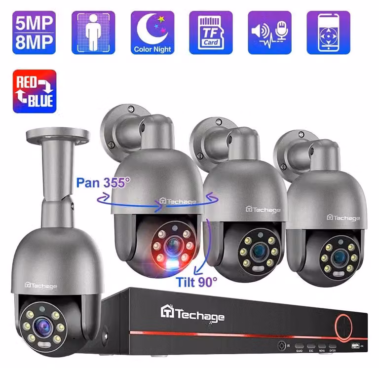 Kit di telecamere di sicurezza a 8 canali, sistema di videosorveglianza PTZ 4K con rilevamento di persone tramite intelligenza artificiale e audio bidirezionale