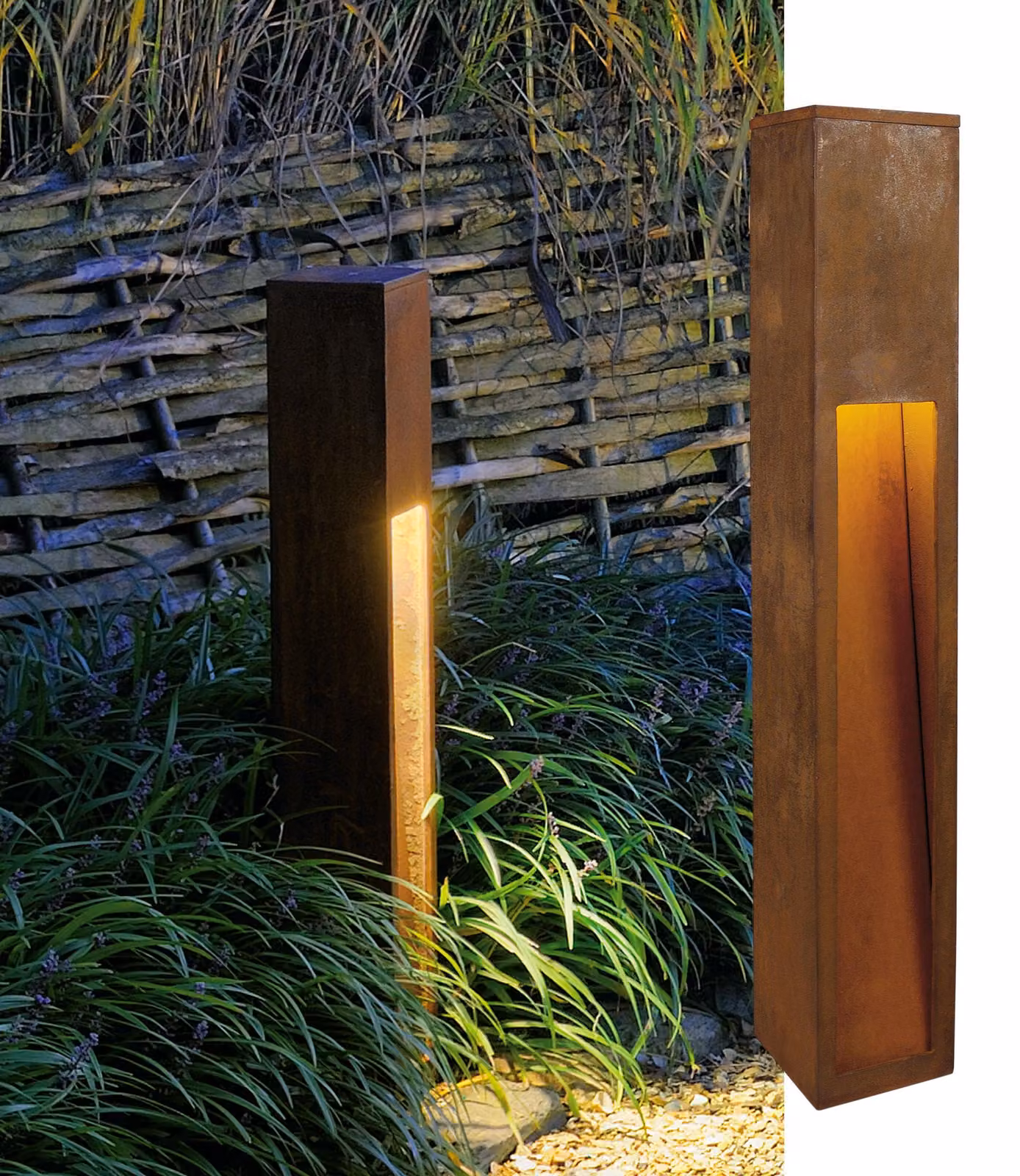 Lampada da esterno, modello a stelo, altezza 80 cm, attacco E27, grado di protezione IP44, potenza massima 11 W, colore ruggine