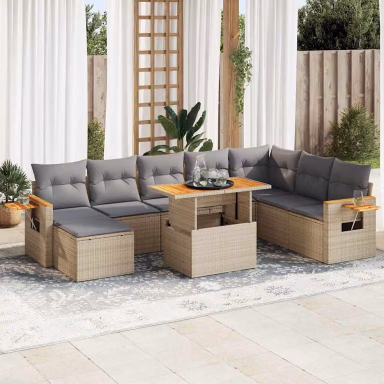 Set Divano da Giardino vidaXL 9 pz in Polyrattan e Legno di Acacia con Cuscini Beige e Tavolino da Esterno