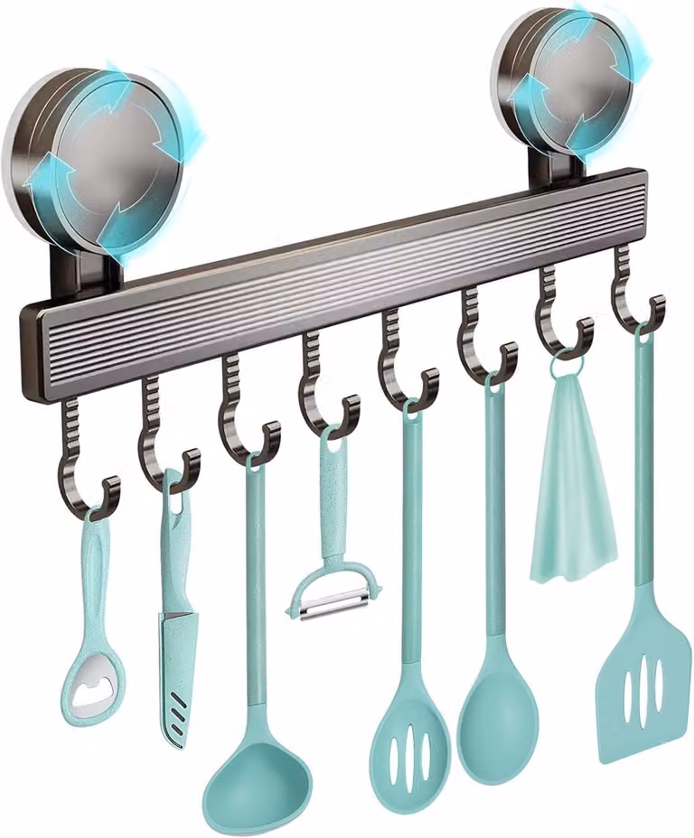 Ripiano per cucina con ventosa, 40 cm, 8 ganci in alluminio regolabili, capacità fino a 20 kg, ideale per la cucina