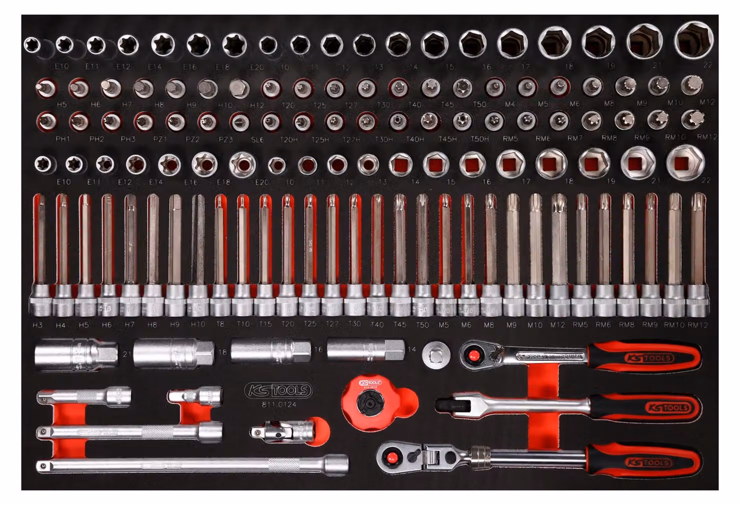 KS TOOLS Set di chiavi a bussola da 3/8" con inserto in schiuma 124 pezzi - 811.0124