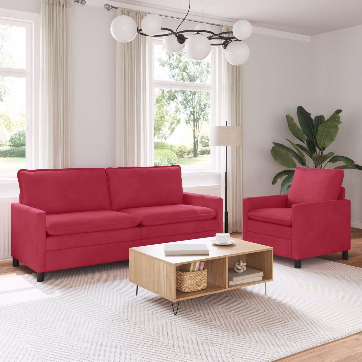 Set di 2 divani moderni vidaXL in velluto rosso con struttura in metallo e cuscini inclusi