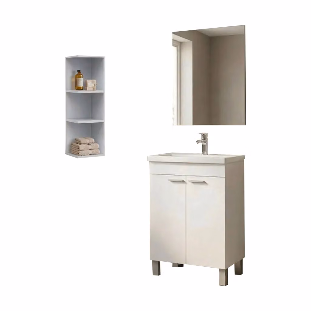 Set Mobili Bagno Moderno DMORA Bianco Lucido con Mobile Lavabo e Specchio L/P/H: 80 x 50 x 40 cm – 2