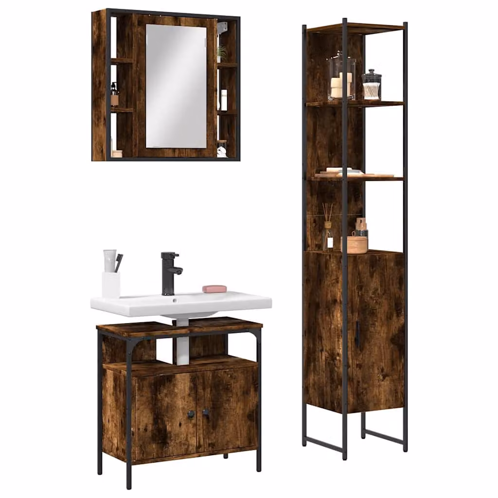Set di mobili da bagno vidaXL 3 pezzi in legno e metallo colore marrone stile industriale composto da mobile sottolavabo, pensile con specchio e armadio alto – 1